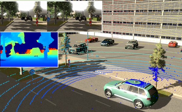 Simulation mit Auto auf Straße und eingeblendeter Grafik
