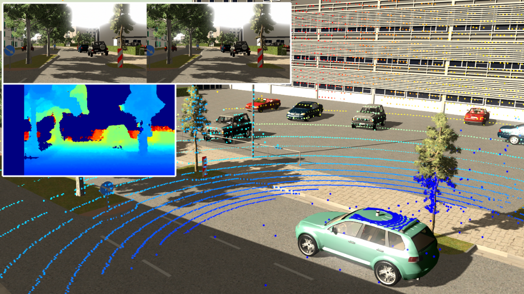 Simulation mit Auto auf Straße und eingeblendeter Grafik